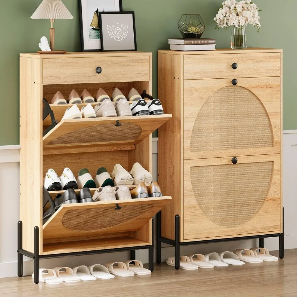 Shoe Cabinet with 2 Flip Drawers, Shoe Storage Cabinet for Entryway, Free Standing Shoe Storage Organizer with Rattan Doors Sli