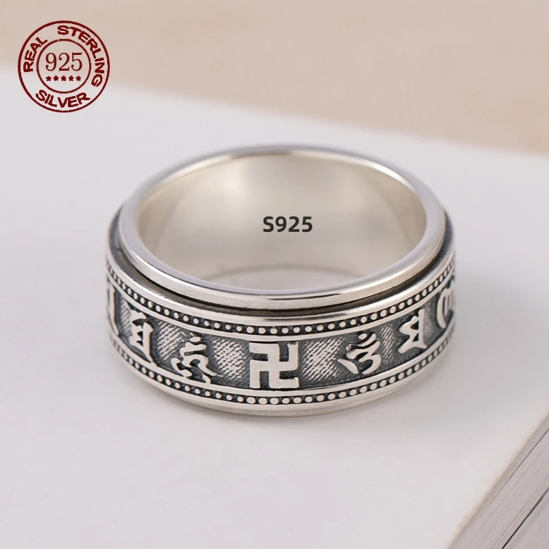 S925 Sterling Silver  Ring For Men Jewelry Retro Buddhist Six-Character Great Mantra Ring Male Female Amulet Jewelry Gift