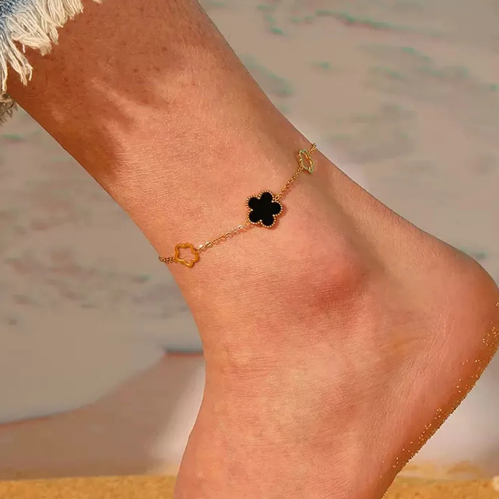 1 قطعة الحد الأدنى تكويم لامع ريترو حفلة محظوظ البرسيم سحر مع قذيفة أنيقة زهرة 14K مطلية بالذهب خلخال للنساء #2