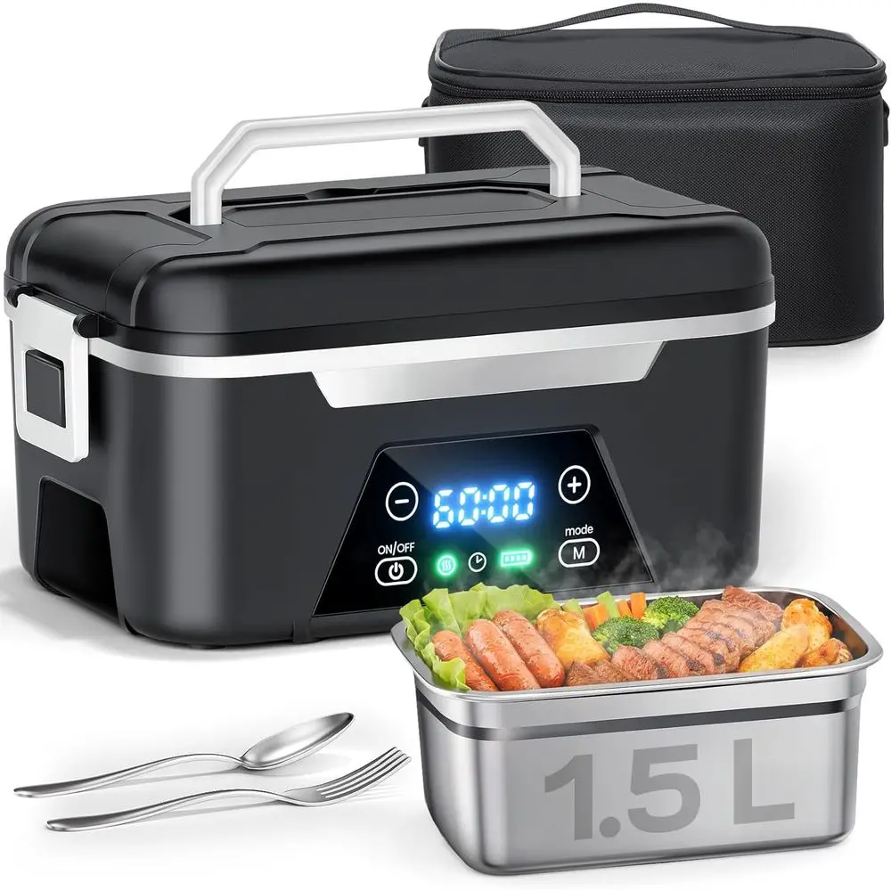 

1.5L Rechargeable Electric Lunch Box with Scheduled Heating, Automatic Heating, Portable Food Warmer, Insulated Bag (Black)