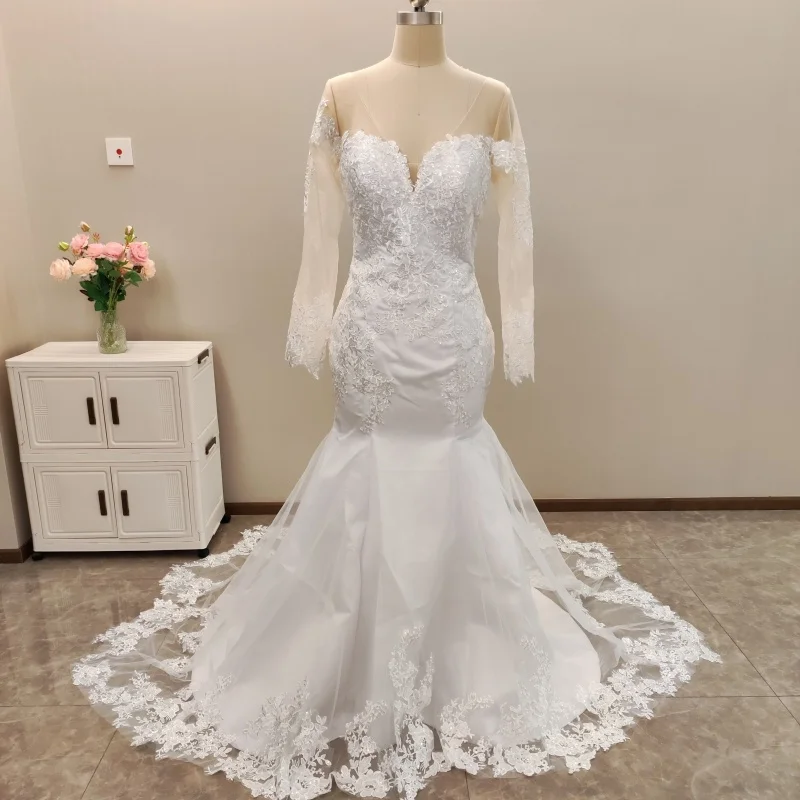 Elegante querida sereia vestido de casamento personalizado manga longa aberto volta vestidos de novia renda applique vestido de noiva