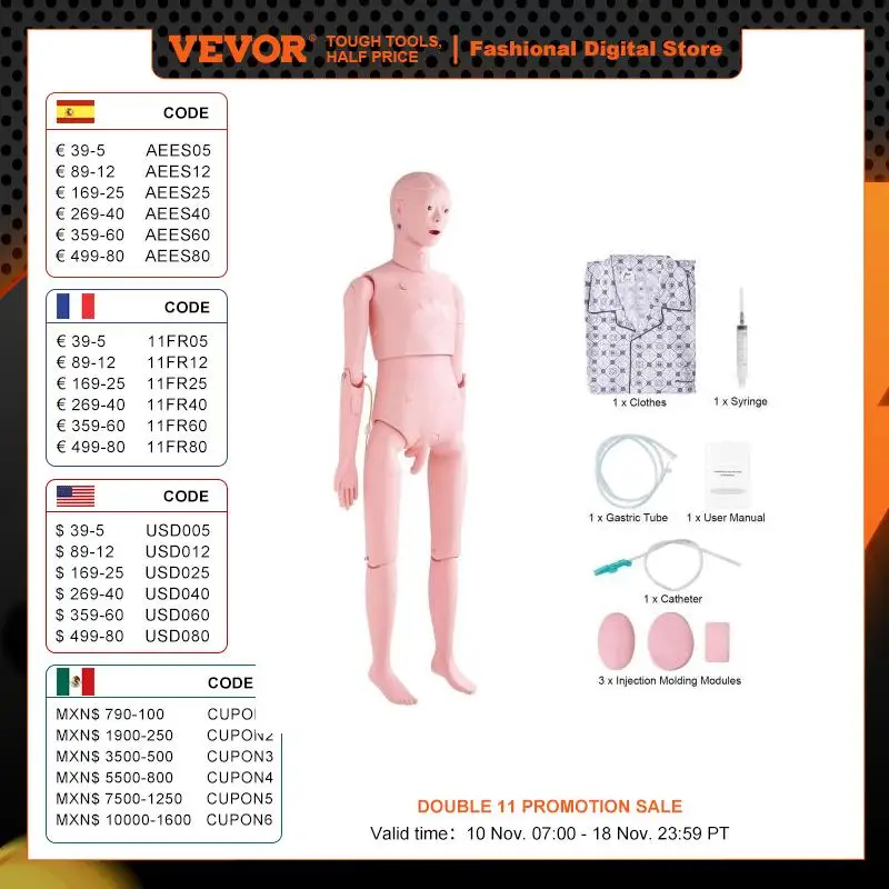 

VEVOR Nursing Training Manikin Male Life Size Demonstration Human Manikin Multifunctional Education Teaching Model Supplies PVC