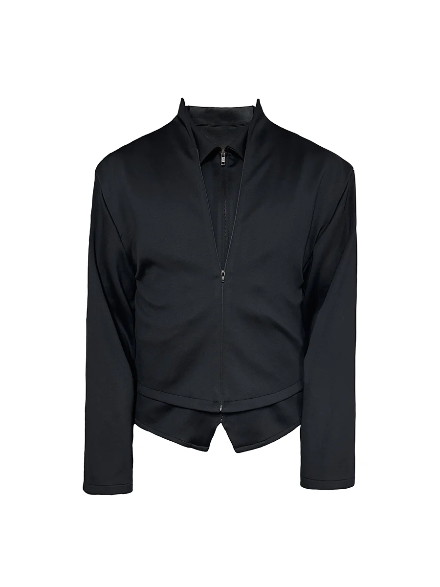 

JCAESAR Zipper irt Space Cotton Layered Sense Fake Two-Piece Stand Fit Long Sve Stand Collar ort Length