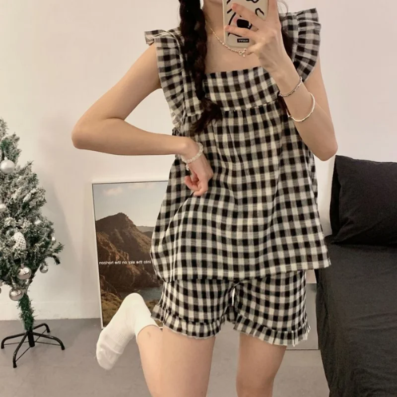 2 قطعة منقوشة الحمالات بيجامة مجموعات الصيف موضة عادية ساحة الرقبة سترة صغيرة تحلق كم ملابس المنزل النساء ملابس خاصة