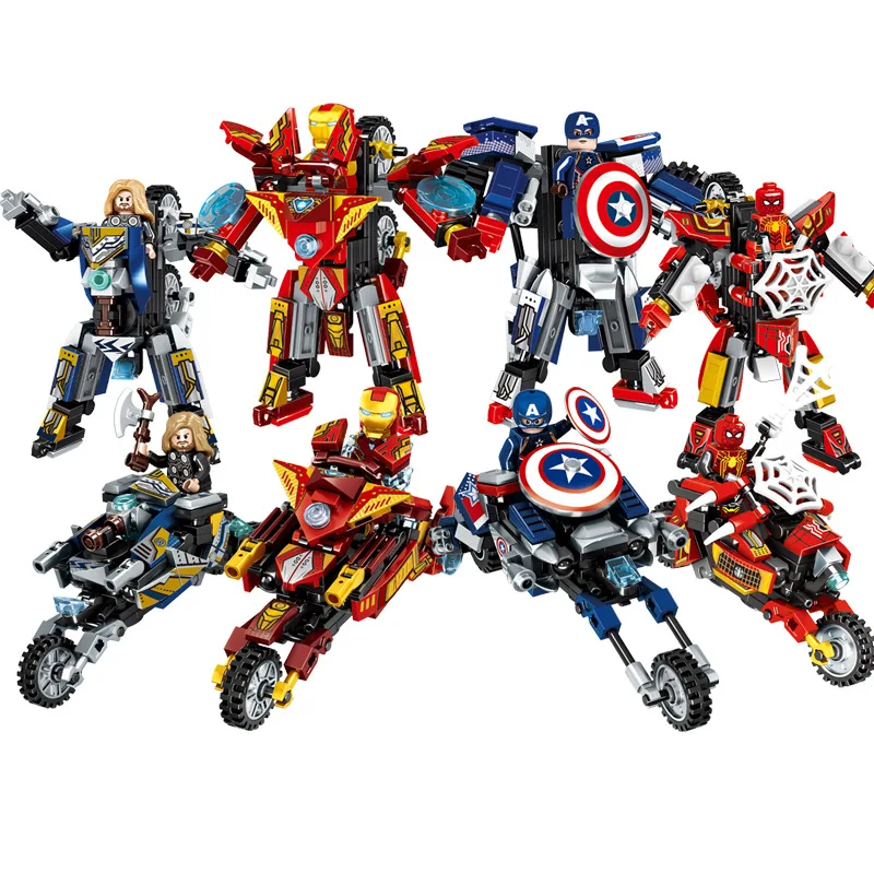 Disney Marvel Avengers Superhero Transforming Mecha Motorcycle 2 in 1 Building Blocks Sets Movie Model Bricks Kit Kids Toys Gift