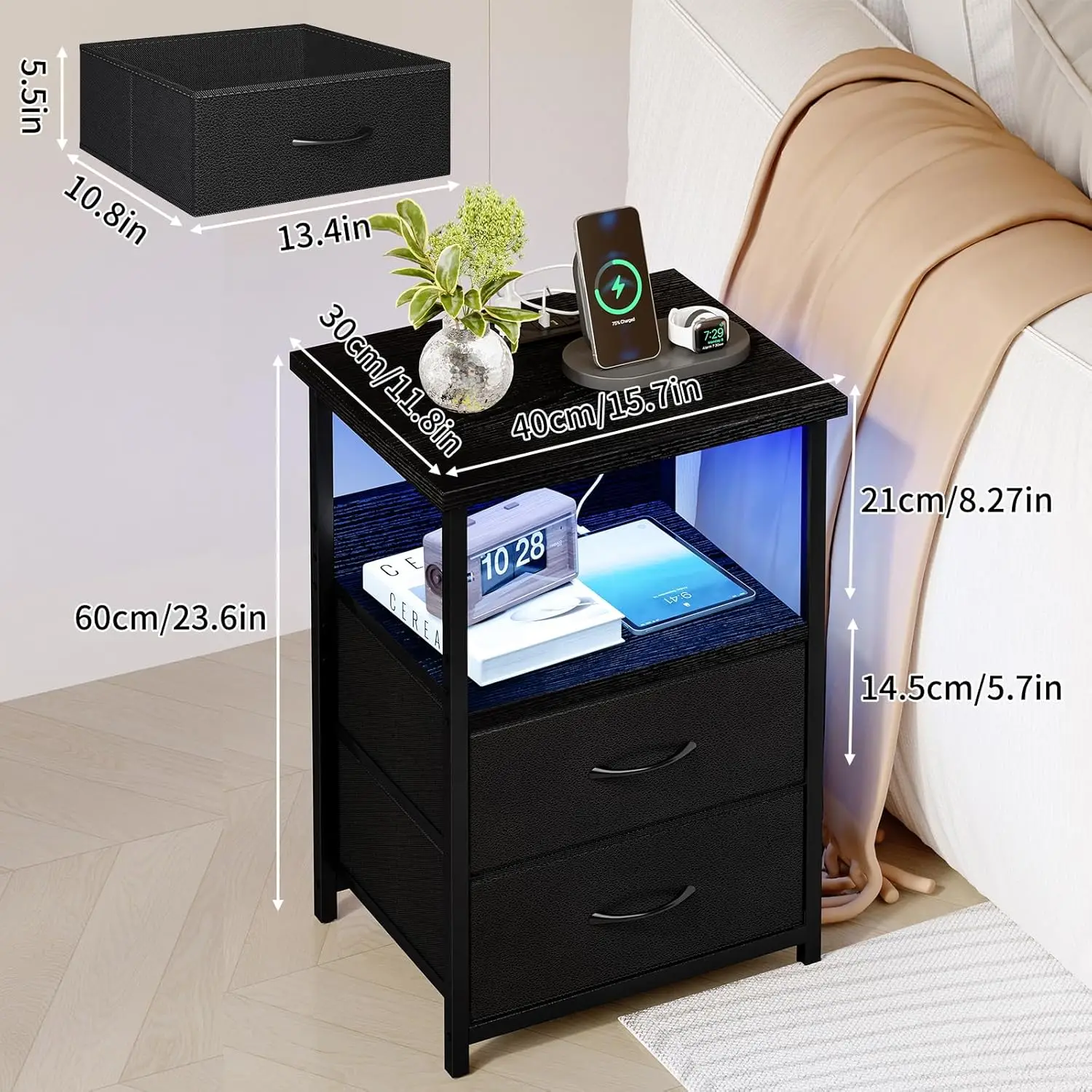 

Night Stand with Charging Station, LED Nightstand with U-S-B Ports and Outlets, 2 Fabric Storage Drawers with PU Finish
