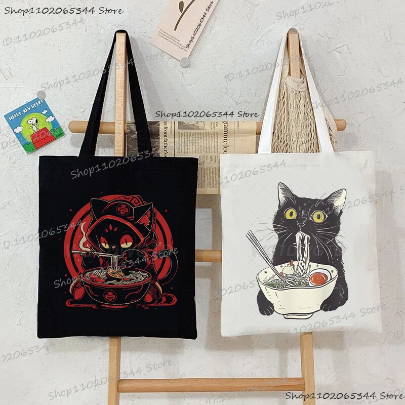 Ramen Cat Women's Handbag Cat Lover Gift Canvas Tote Bag Kawaii Japanese Anime Cat Shopping Bags Noodle Foodies Men Shoulder Bag