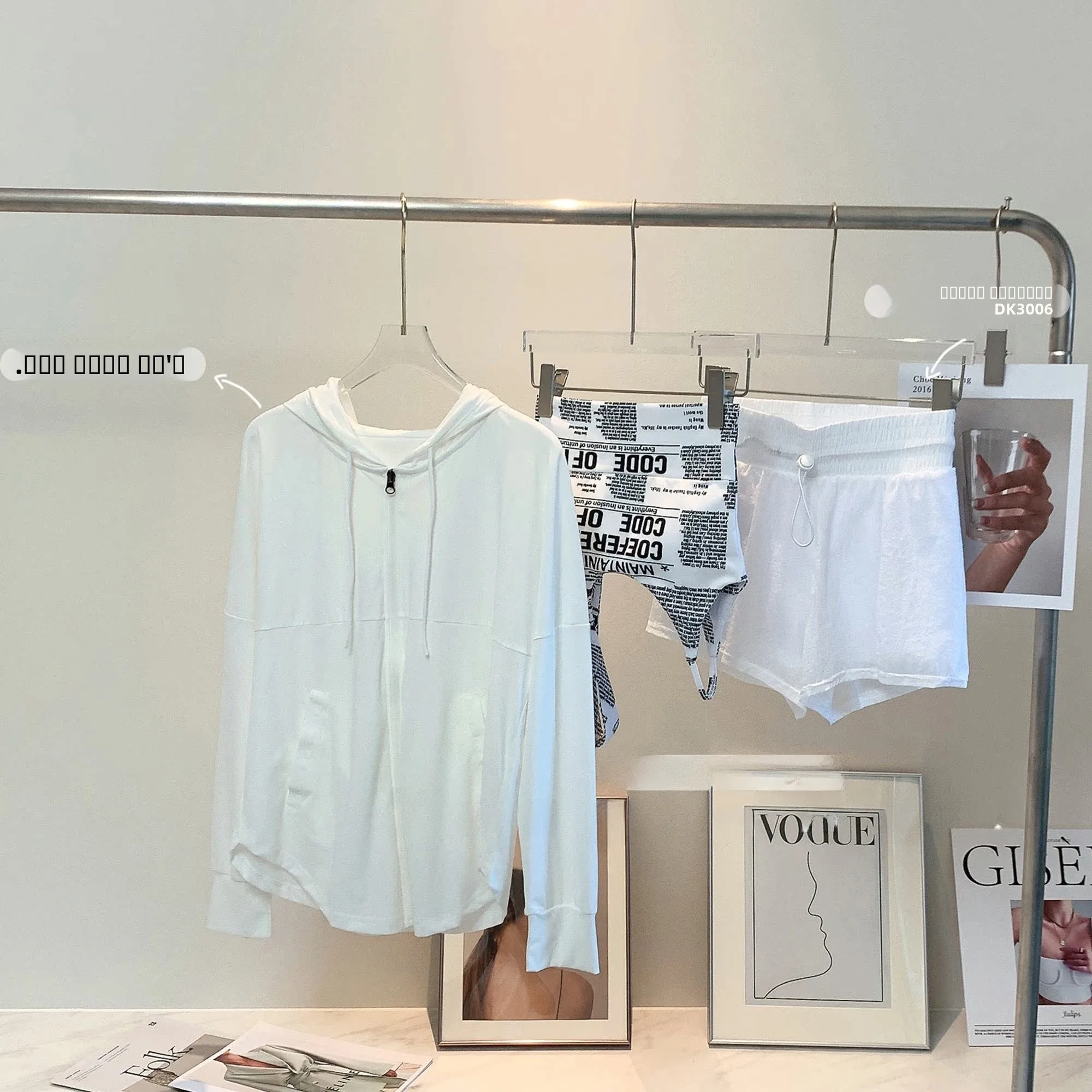 

Yoga Outfit Set Single Strap Newspaper Print Bra Hooded Sun Protection Outerwear Drawstring Anti-Light Shorts Women's Fashion