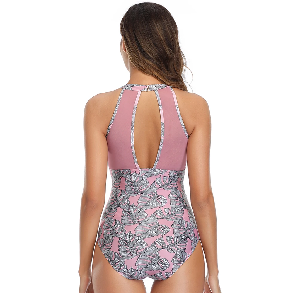 Backless One Piece Swimsuit Women Mesh Patchwork Printed Monokini Bodysuit Holiday Beach Swimwear Bathing Suit Plus Size XXL