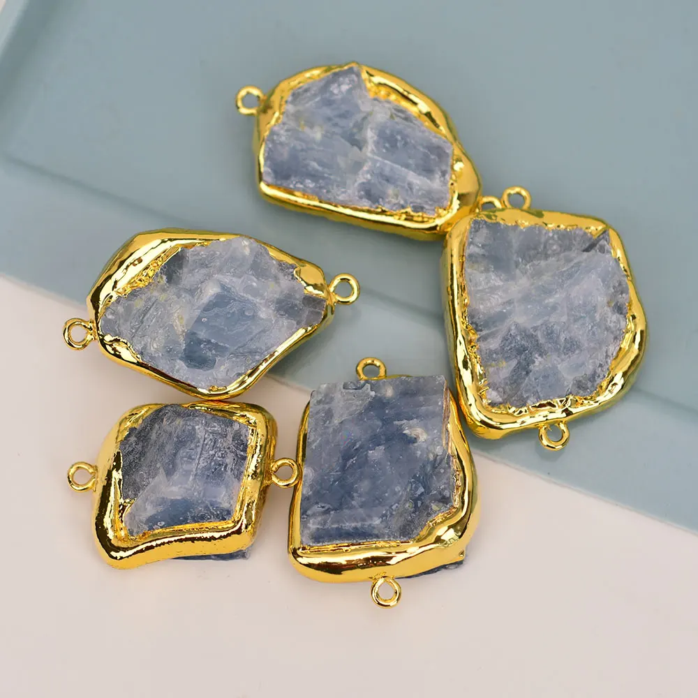 5 Pcs Natural Blue Iolite Stone Cordierite Gold Edged Nugget Freedom Rough Raw Beads Connector Jewelry Making DIY