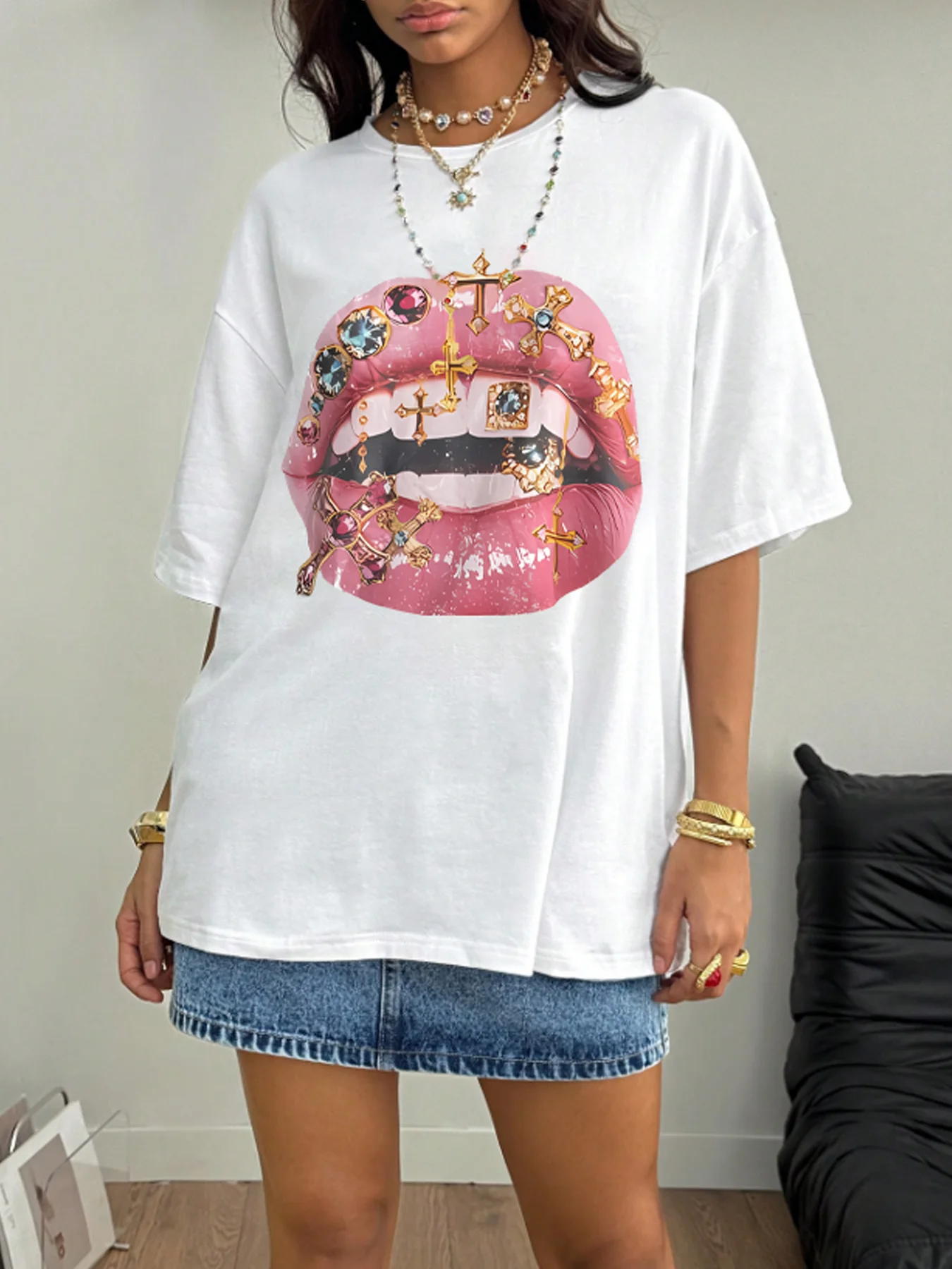 

Mouth Pattern Round Neck Womens T-shirt Short Sleeve Fashion Printing Half Sleeve Shirt Stretch T-shirt