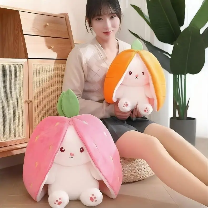 58cm Strawberry Carrot Fuzzy Doll Kids Throw Pillow Cartoon Home Decor Stuffed Fruit Cosplay Rabbit Plushy Toy Christmas Gift