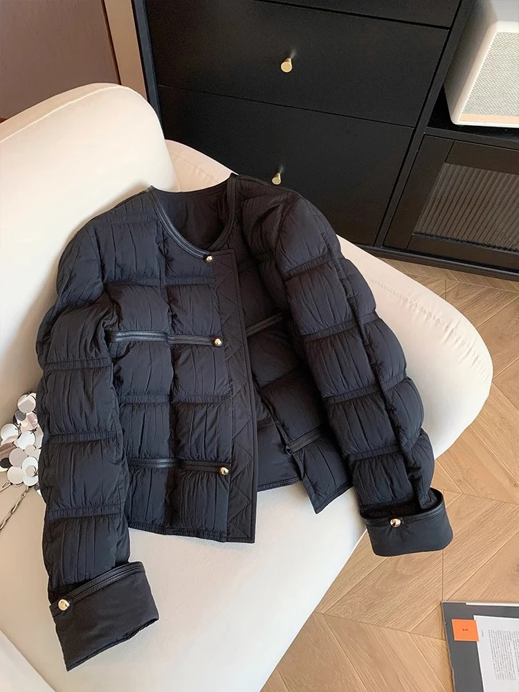 

Ele Bla Diamond Pattern Cotton Jaet ex Autumn Winter Faionable Versatile Cotton Coat Retro Sle Long Sve ro...