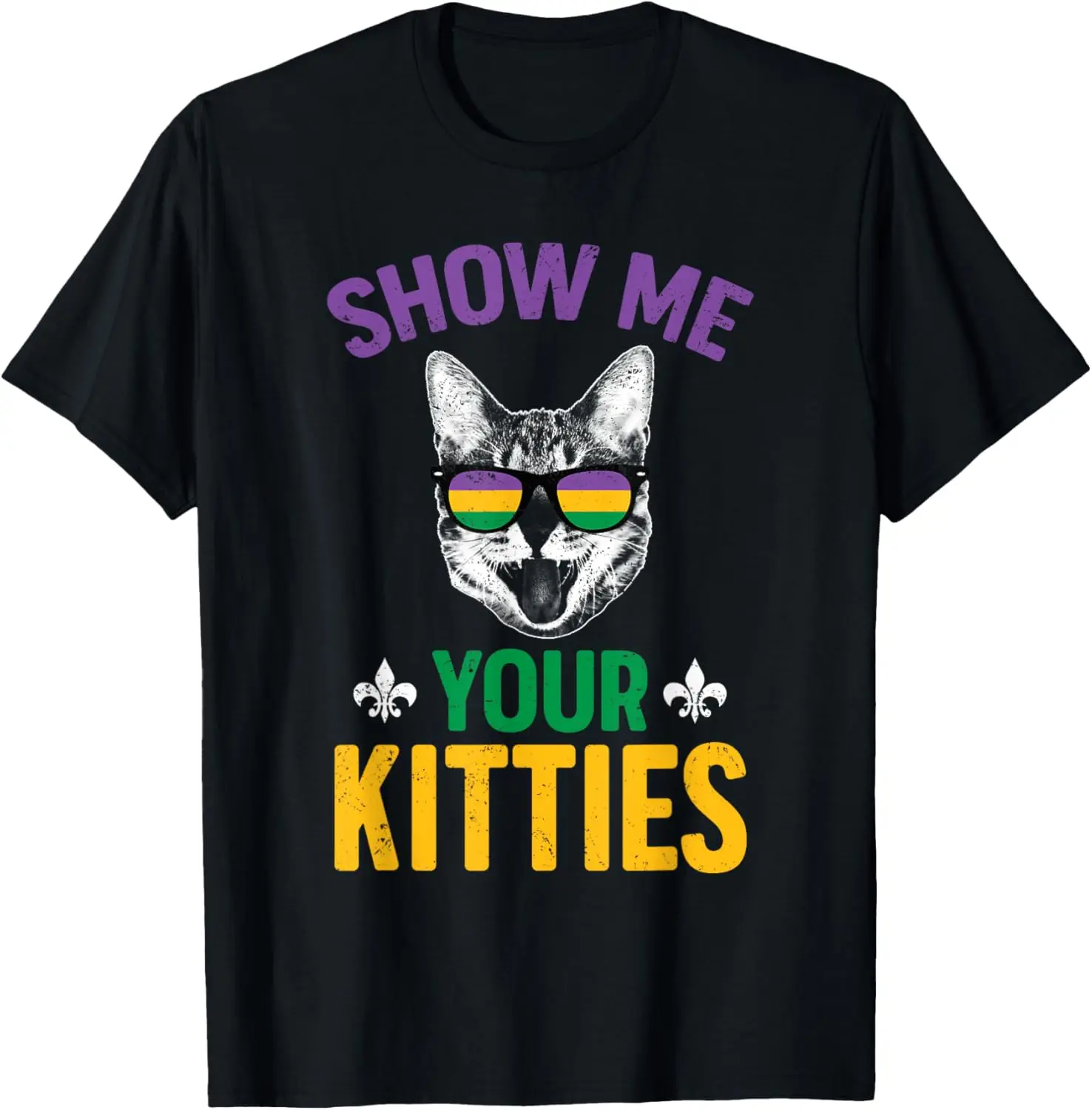 

Show Me Your Kitties Funny Mardi Gras Cat Graphic Tee Casual Cotton T-Shirt for Men