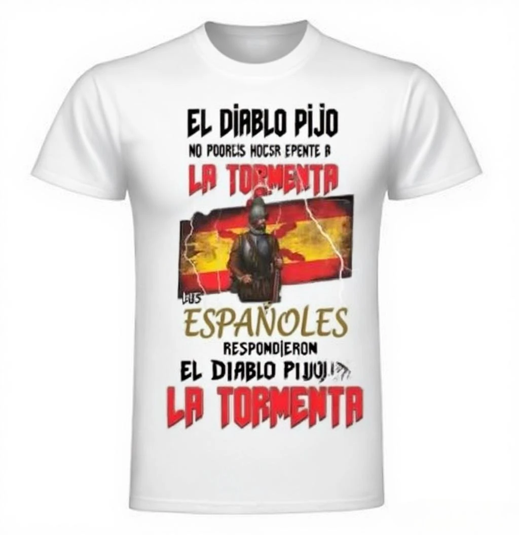 Spanish Rock Graphic Cotton Tee EL DIABLO PIJO Vintage Soldier T-Shirt Red Yellow Flag Design Bold Statement Summer Tops
