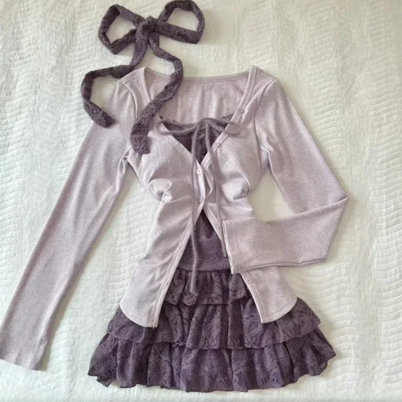 

Kawaii 2 Piece Dress Sets Women Birthday Casual Y2k Outfits Vintage Suits Y2k Crop Top Blouse + Mini Skirts Outfits Chic Korean
