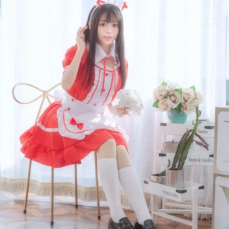 

Woman Kawaii Maid Dress Cute Anime Cosplay Costume Red Black Lolita Dress 2021 Halloween Clothing Vintage Lace Japan Streetwear