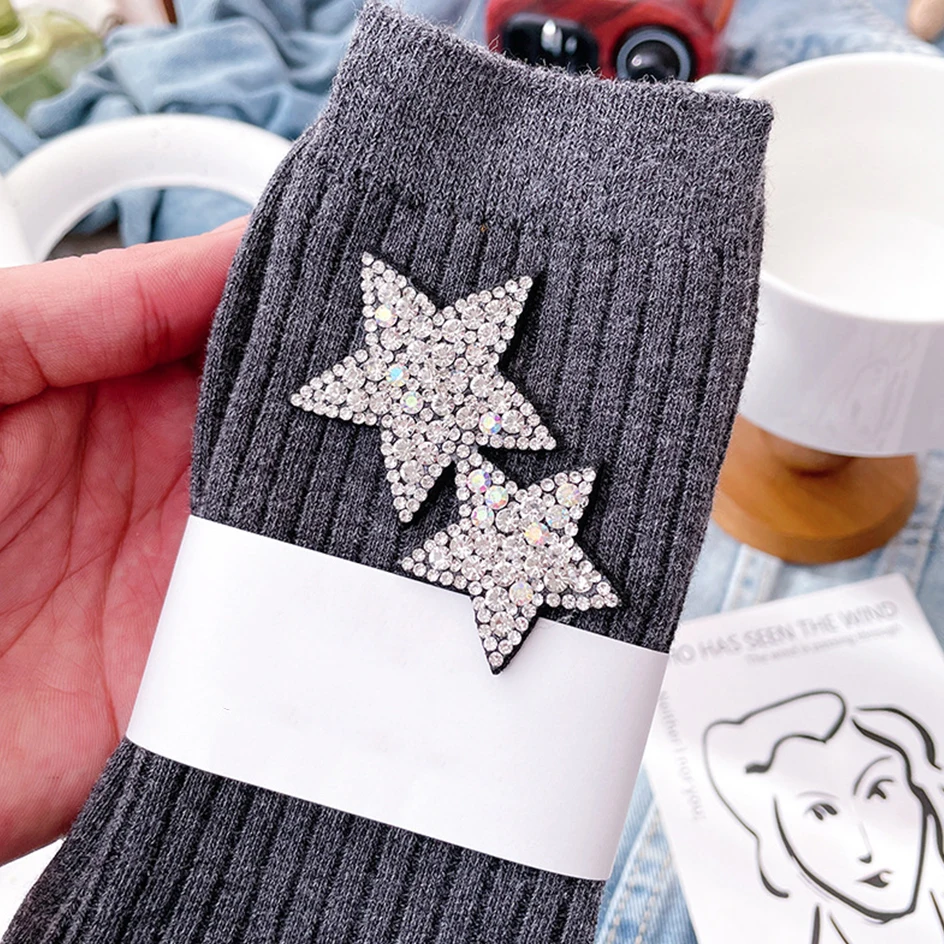 Fashion Star Rhinestone Glitter Socks Women Shiny Diamond Sparkly Socks Winter Cotton Stockings Female Harajuku Christmas Socks