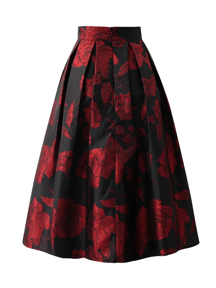 High Quality Hepburn Style Rose Embroidery Jacquard A-line Skirt All-match Spring Autumn Elegant High Waist Mid-length Skirts