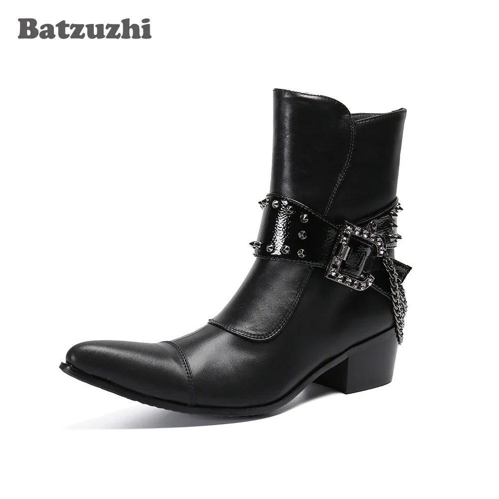 

Batzuzhi Western Cowboy Boots Men Pointed Toe Leather Ankle Boots Men Buckles Chains Punk Motorcycle Botas Hombre,Big Sizes US12