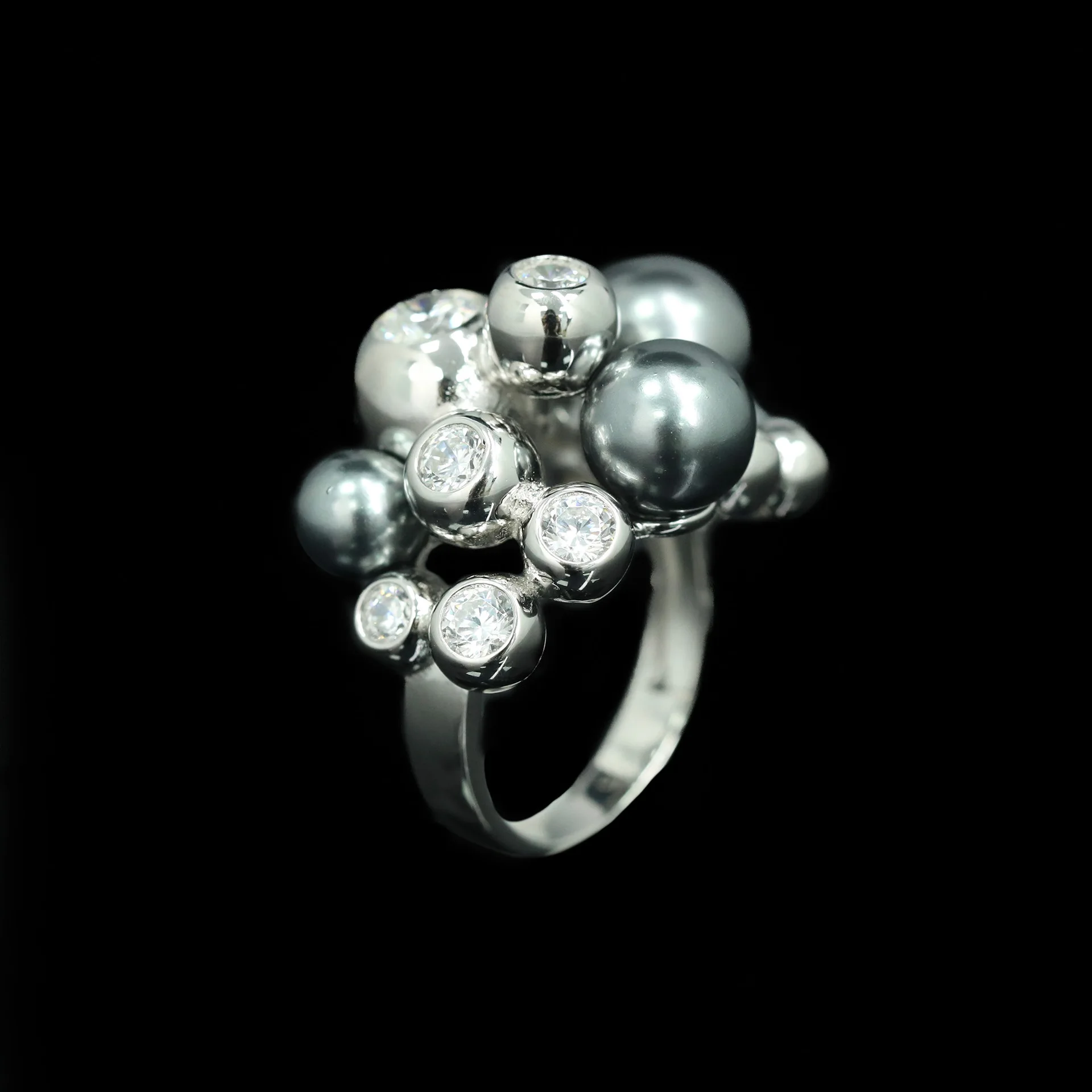 Bellux 925 Silver Gold Plated Rings Artificial Gray Shell Pearl Beads Grape 3D Stereoscopic Luxury Banquet Special Design Ring