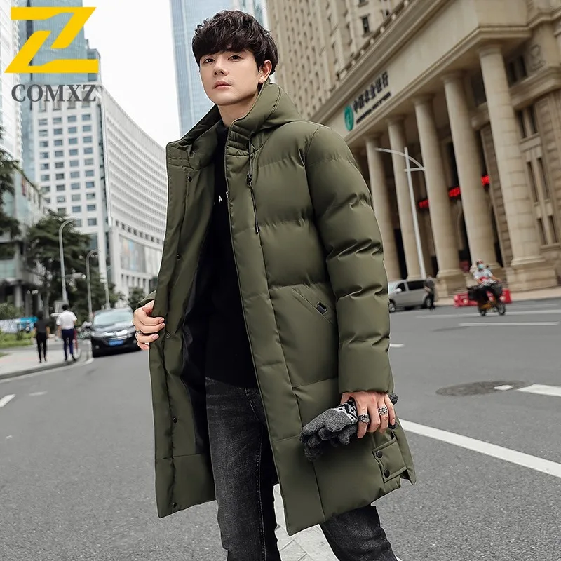 COMXZ New Plus Size Men Cotton - Padded Jacket Hooded Mid - Length Autumn Winter Warm Thickened Simple Waterproof Windproof Coat