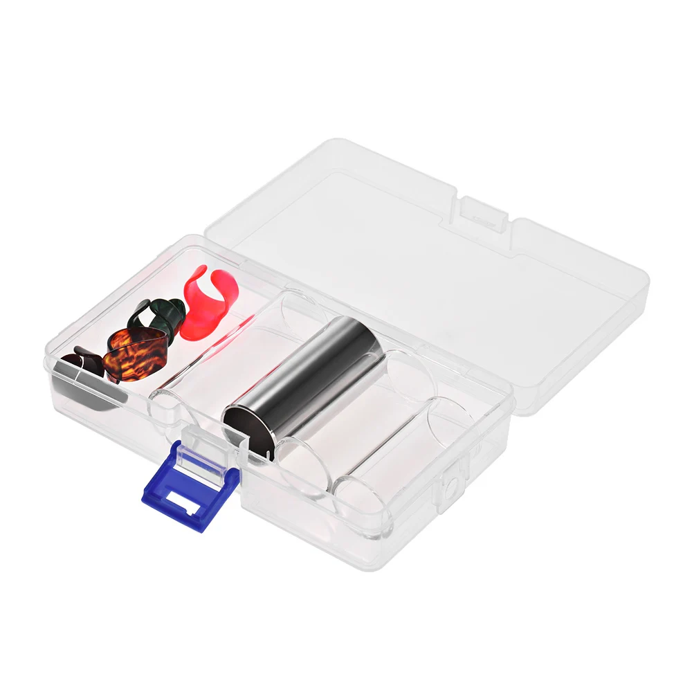 تتضمن مجموعة شرائح الجيتار 3 شرائح زجاجية (5.1 سم / 6 سم / 7 سم) + 1 شريحة من الفولاذ المقاوم للصدأ (6 سم) + 4 قطع من الإبهام السليلويد واختيار الإصبع #6