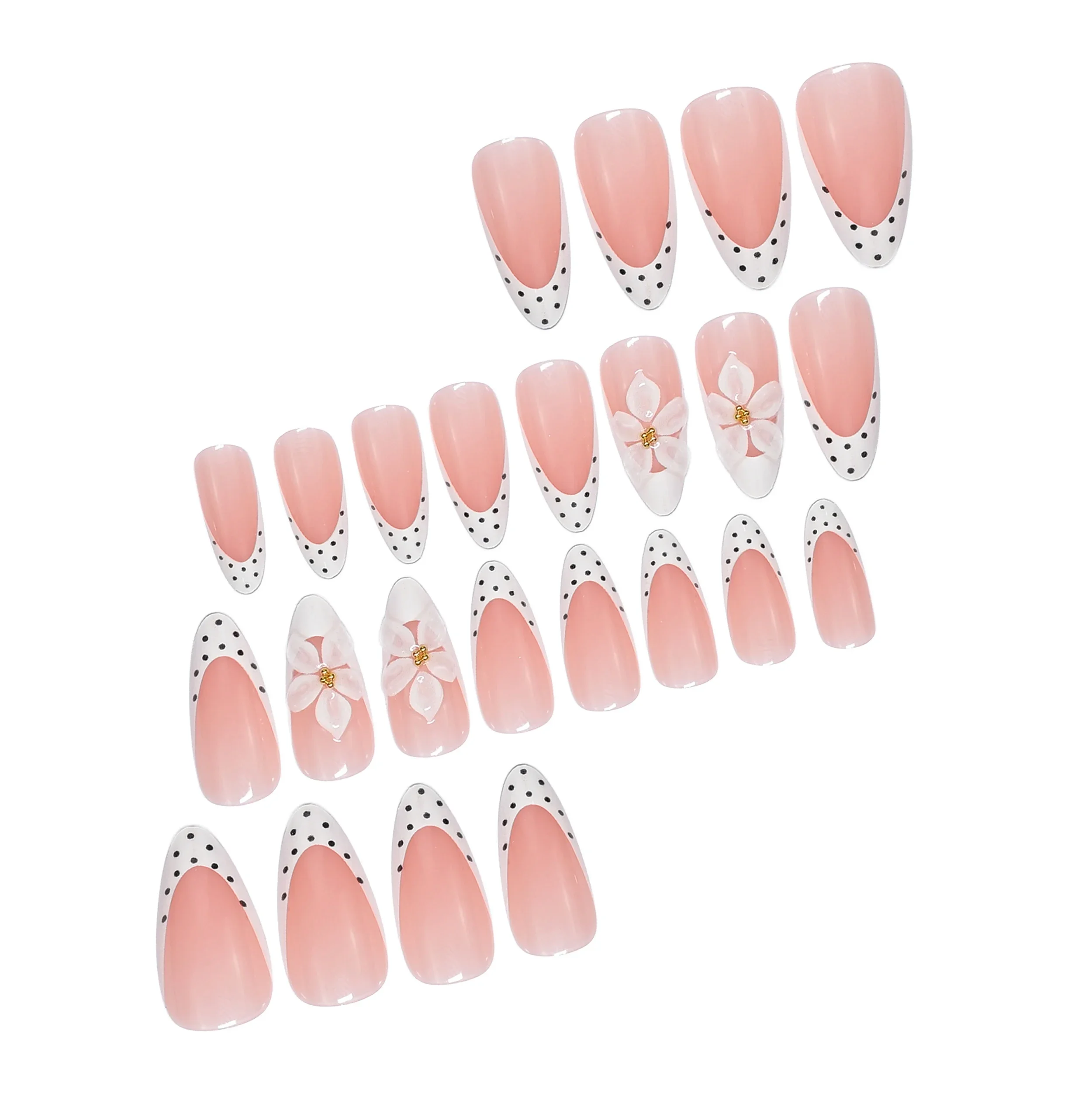 24-Piece Short Almond Press-On Nails, Nude Base with White Polka Dot French Tip, 3D White Flower with Gold Rhinestone Decoration