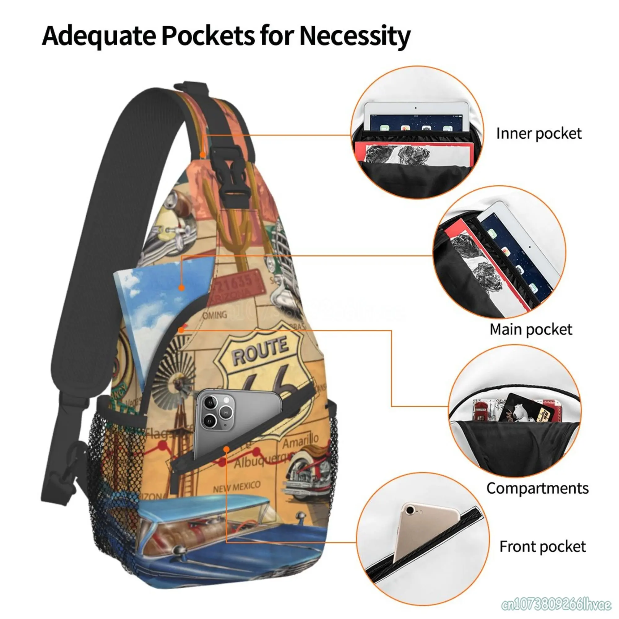 US Route 66 Sign Print Sling Backpack Crossbody Sling Bag Travel Hiking Daypacks Pattern Rope Chest Shoulder Daypack for Unisex