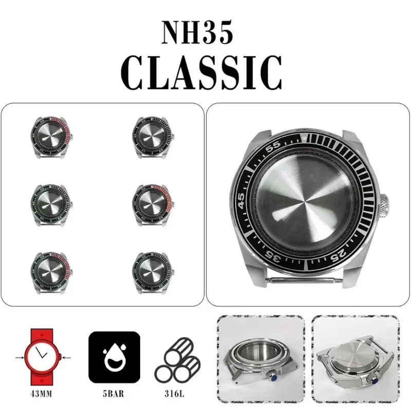 

43mm NH36 Case 316L Stainless Steel Case Black Inner Shadow Sapphire Glass Modified Watch Parts Compatible with NH35/36 10ATM