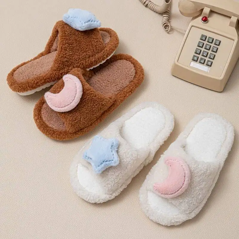 

Home Slippers Women's Star Moon Fuzzy Indoor Household Slippers Contrast Color Fluffy Slippers