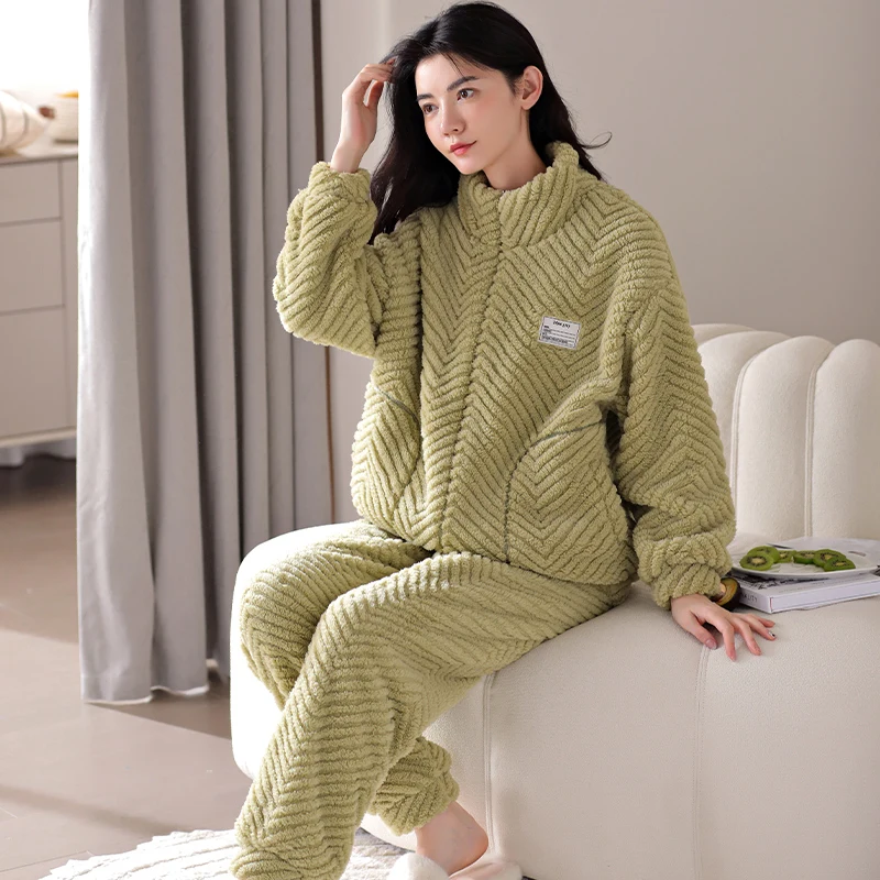 Big Size M-2XL  Women Casual Pajama Set Winter Warm Flannel Sleepwear Long Sleeve Nightwear