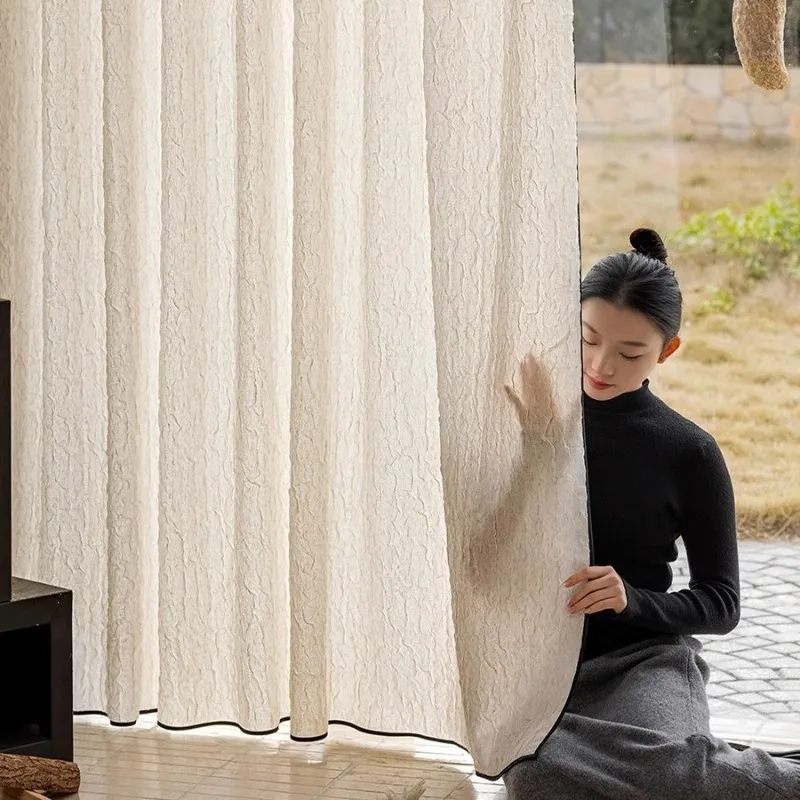 Luxury Vintage Cream Bubble Double-Layer Textured Sheer Curtains for Living Dining Room Bedroom Custom Size Tulle Decor
