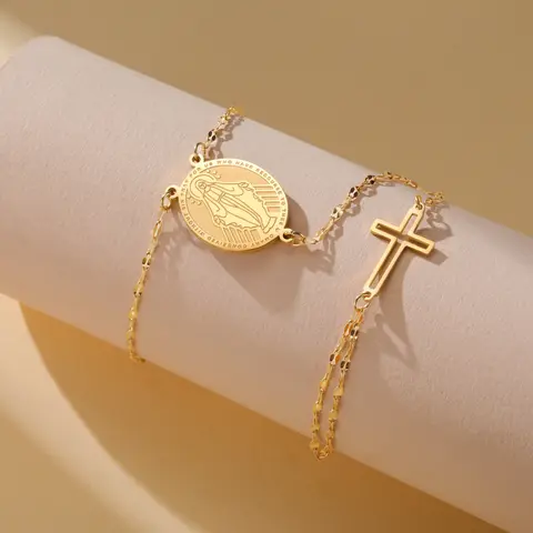 Pulsera de dedo cruzado hueco de la Virgen María para mujer, cadena de labios de Color dorado de acero inoxidable, amuleto doble, regalo de joyería religiosa
