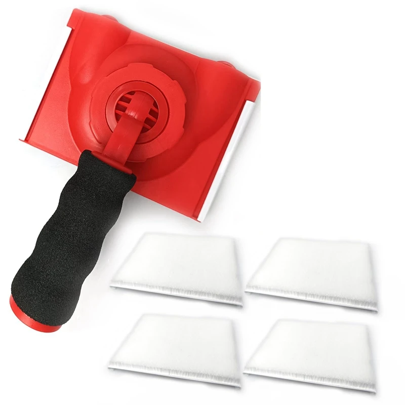 Rotatable Handle Paint Edger 4 Replacement Pads Refills, Easy Quick Paint Edger Tool For Walls Corner Painting Red & Black