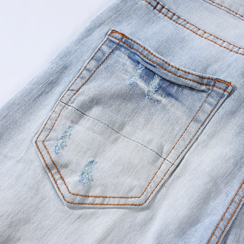 High Street Fashion Men Jeans Retro Light Blue Stretch Skinny Fit Patched Ripped Jeans Men Brand Designer Hip Hop Denim Pants