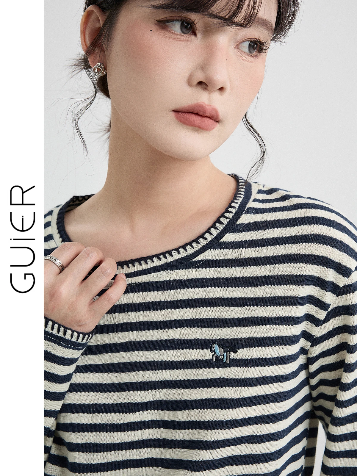

Pure Cotton Striped Knitwear Women's Spring 2026 New Style Embroidered Loose Slim round Neck Top Comfortable Fit Long Sleeve