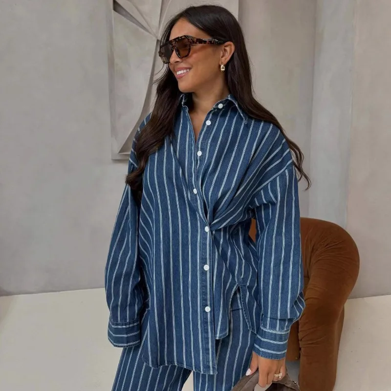 Blue Striped Shirt & Wide Leg Pants African 2 Piece Set Women Casual Long Sleeve Blouse Trousers Outfit Plus Size Loungewear