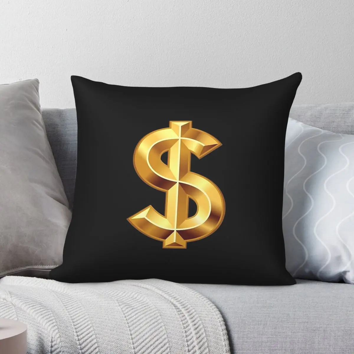 Golden Dollar Sign Single Square Pillowcase Polyester Linen Velvet Printed Zip Decor Home Cushion Cover