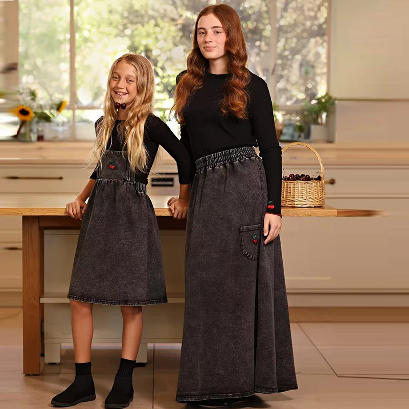 Fall Winter Denim Black Children's Clothing Set - Family Matching Boy And Girl Styles with Dress Shirt And Rompers