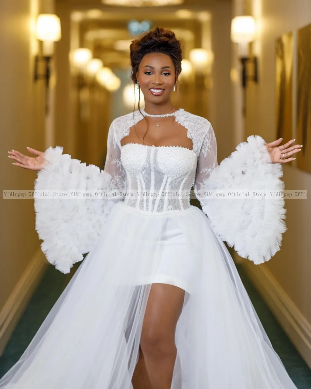 Nigeria Bride Robe for Wedding 2025 Hollow Long Flare Sleeve Side Split Lace Tiers Africa Morning Bridal Shower Dress Customized