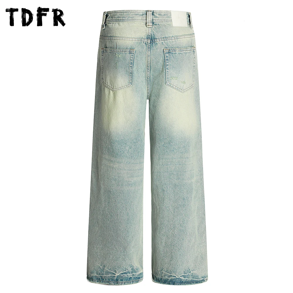 Ripped Denim กางเกง Mens Washed Distressed Spliced Streetwear Retro ตรงหลวมกางเกงยีนส์ขากว้างผู้ชาย