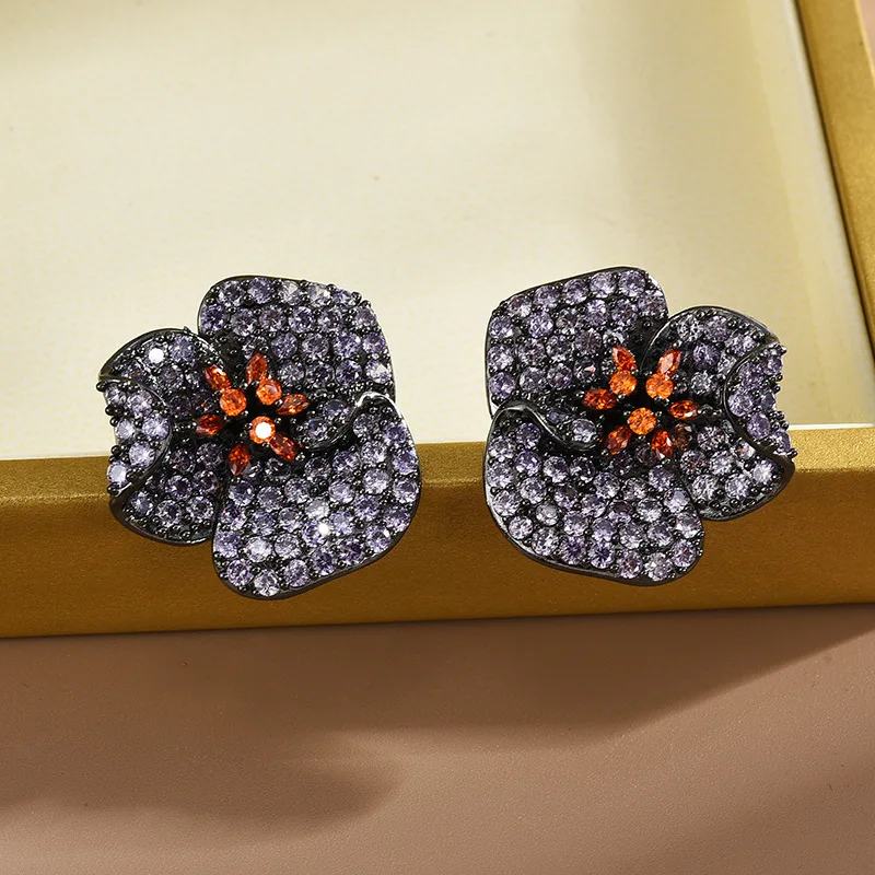 FXLRY Luxury Cubic Zirconia Red And Purple Flower Stud Earrings For Women Wedding Party Earing Jewelry