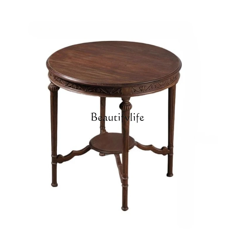 

French retro solid wood round dining table, antique old Shanghai small apartment carved round table