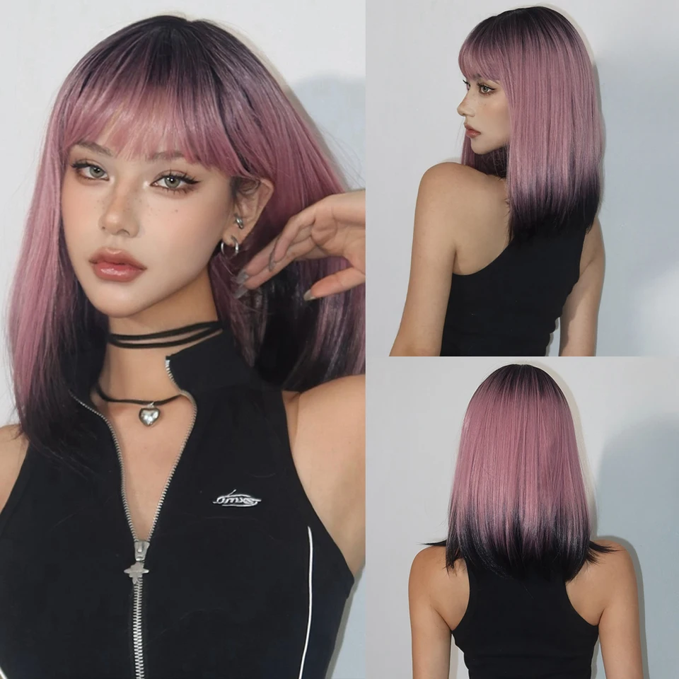 Women Pink Heat Resistant Synthetic Straight Ombre Bob Wig Bangs 10 Inch Pink Ombre Bob Wig With Bangs, Heat-resistant Synthetic Hair  main image 3