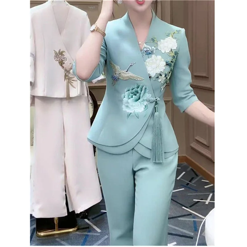 Women's Summer Suits New Heavy Craft Embroidery Shirt Ladies Top Micro Flared Pants Temperament Two-Piece Set Chinese Style Suit