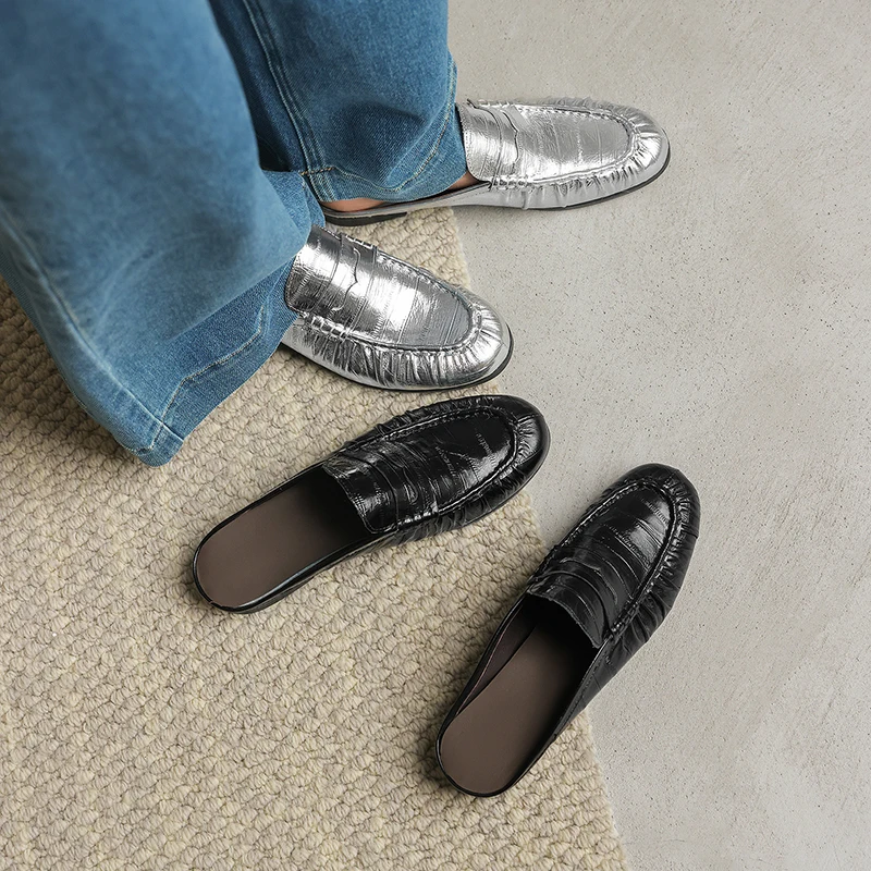 

2026 new spring autumn women mules natural leather 22-25cm cowhide+sheepskin+pigskin round toe pleated women sandals women shoes