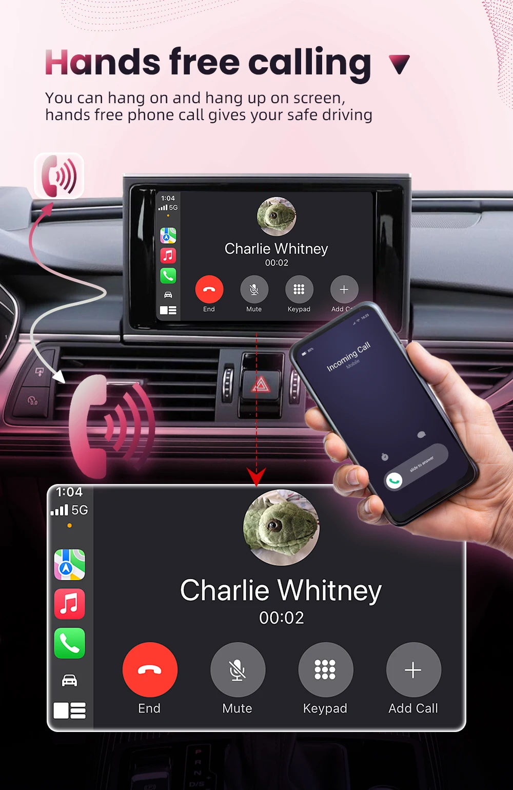 BONROAD Drahtloses CarPlay-Schnittstellenmodul für Audi A6 A7 A4 A5 Q3 A1 Q5 mit Android Auto Mirror Link AirPlay Bluetooth – Detail 11