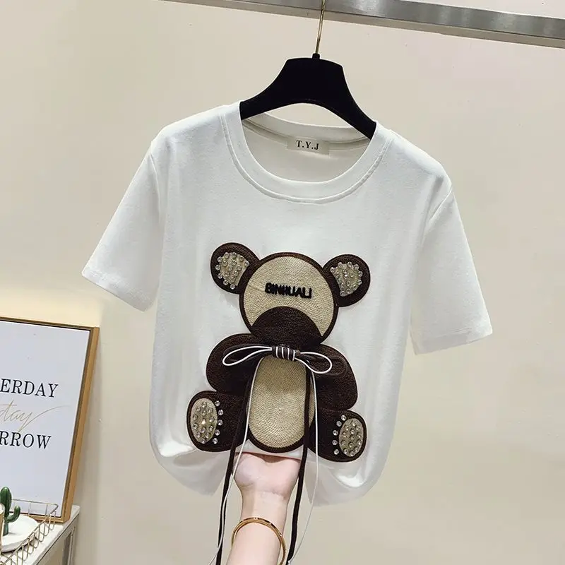 2023 New Women\'s Heavy Industry Embroidery T-shirt Crewneck Cartoon Pattern Tie Rope Decoration Summer Fashion Casual Tee Top