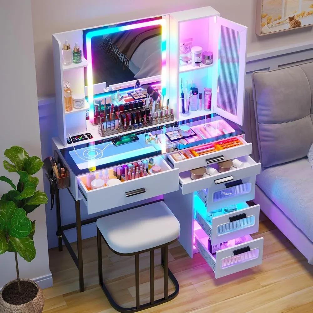 Vanity with Mirror and LED Lights, Glass Top Vanity Desk with Charging Station(Wireless+USB+Type-C), RGB Makeup Table Set